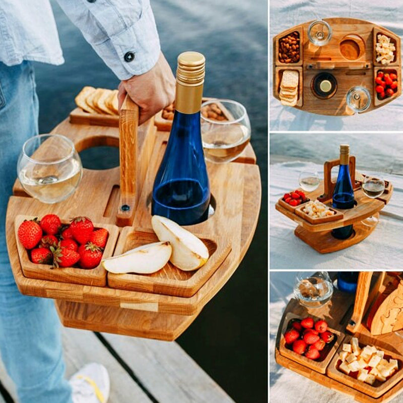 Essential beach accessory: portable wooden table for wine and snacks.