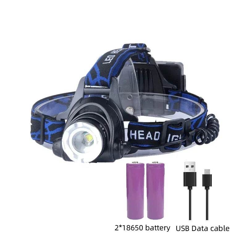 Practical waterproof LED headlamp with powerful light, zoom control, and easy USB recharging.