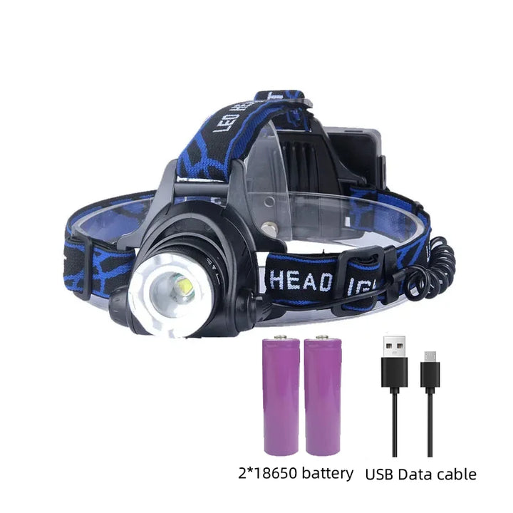Practical waterproof LED headlamp with powerful light, zoom control, and easy USB recharging.