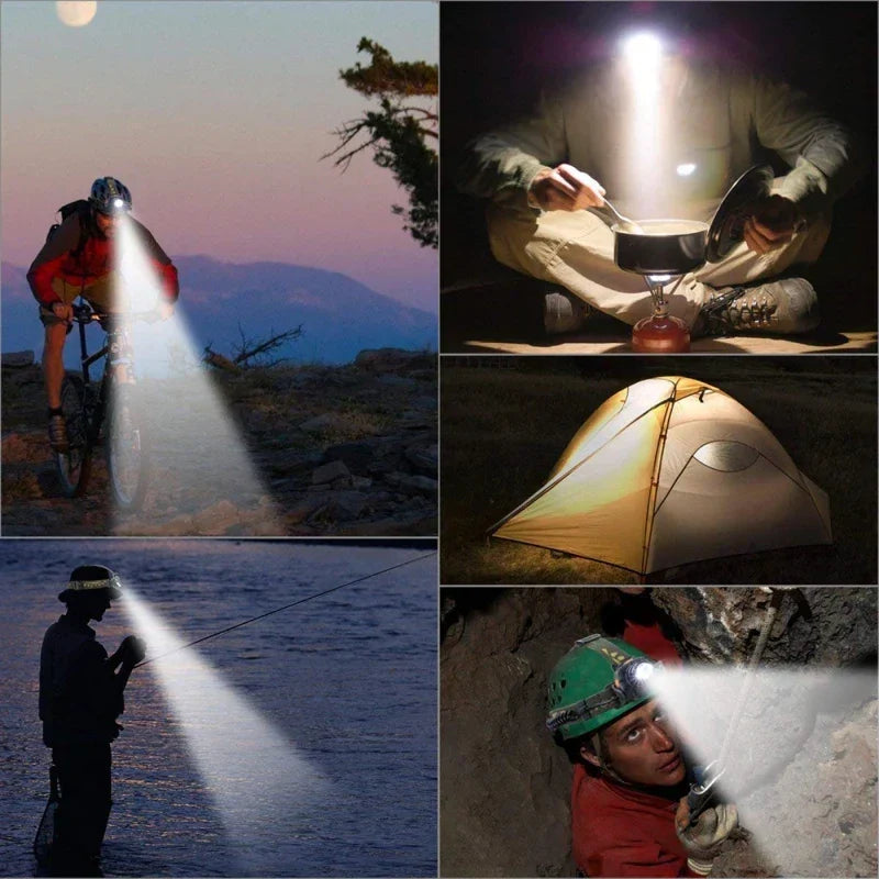 Adjustable LED headlamp, waterproof, perfect for camping, hiking, and tactical use.