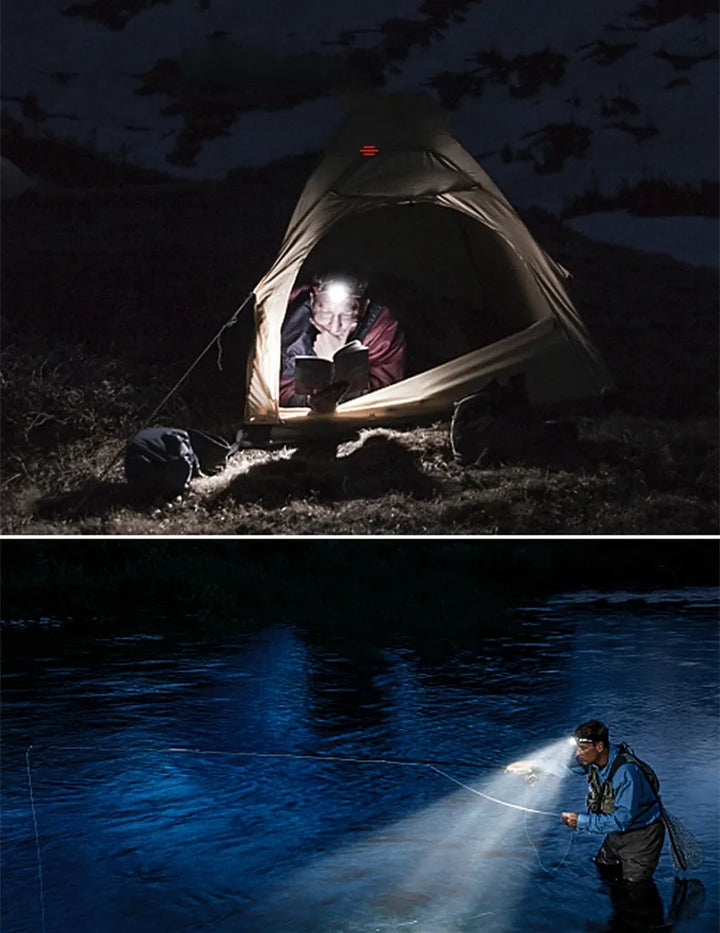 Bright LED headlamp with zoom function, USB rechargeable, ideal for night outdoor activities.