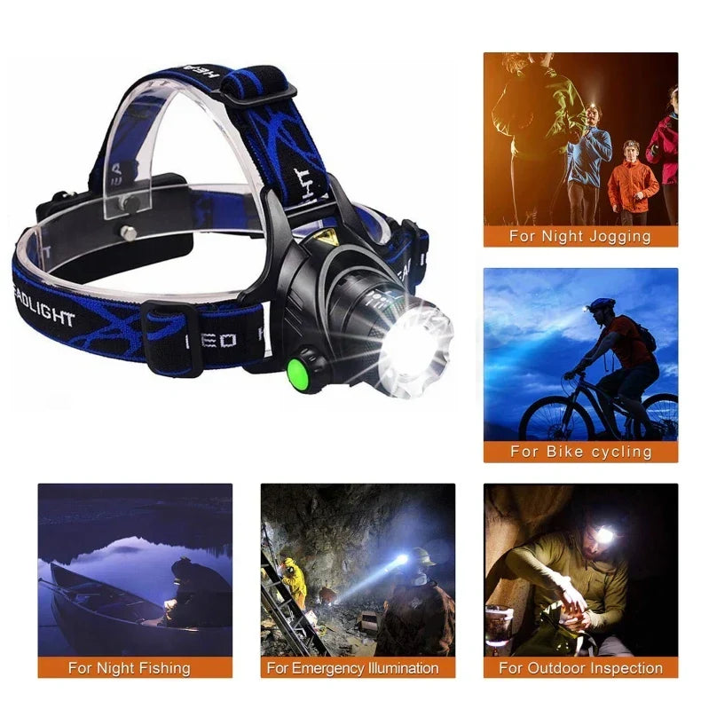 Hands-free powerful LED headlamp, waterproof and rechargeable, essential for outdoor enthusiasts.