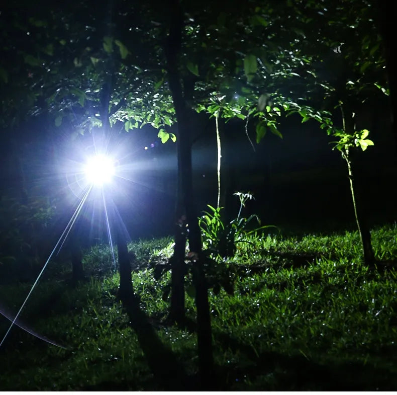 Tactical LED headlamp, waterproof, rechargeable battery, offers bright focused light for night use.