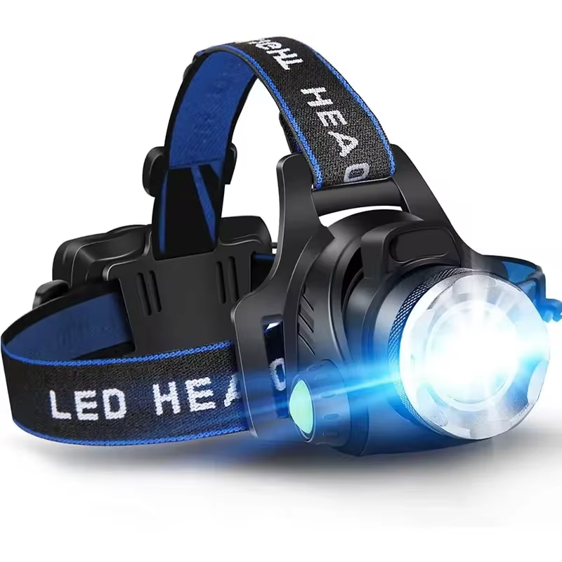 Unisex powerful waterproof LED headlamp with zoom & USB rechargeable for outdoor adventures.
