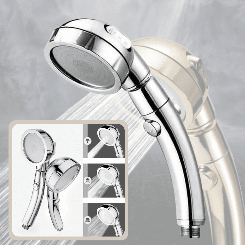 Silver PowerHead 3-in-1 high-pressure shower head & hose. Modern design enhances bathroom spa experience.