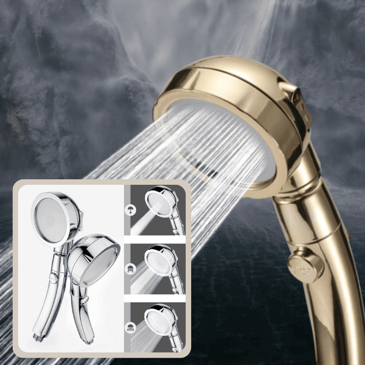 Gold PowerHead 3-in-1 adjustable shower head & hose. Eco-friendly, water-saving for a powerful bathroom.