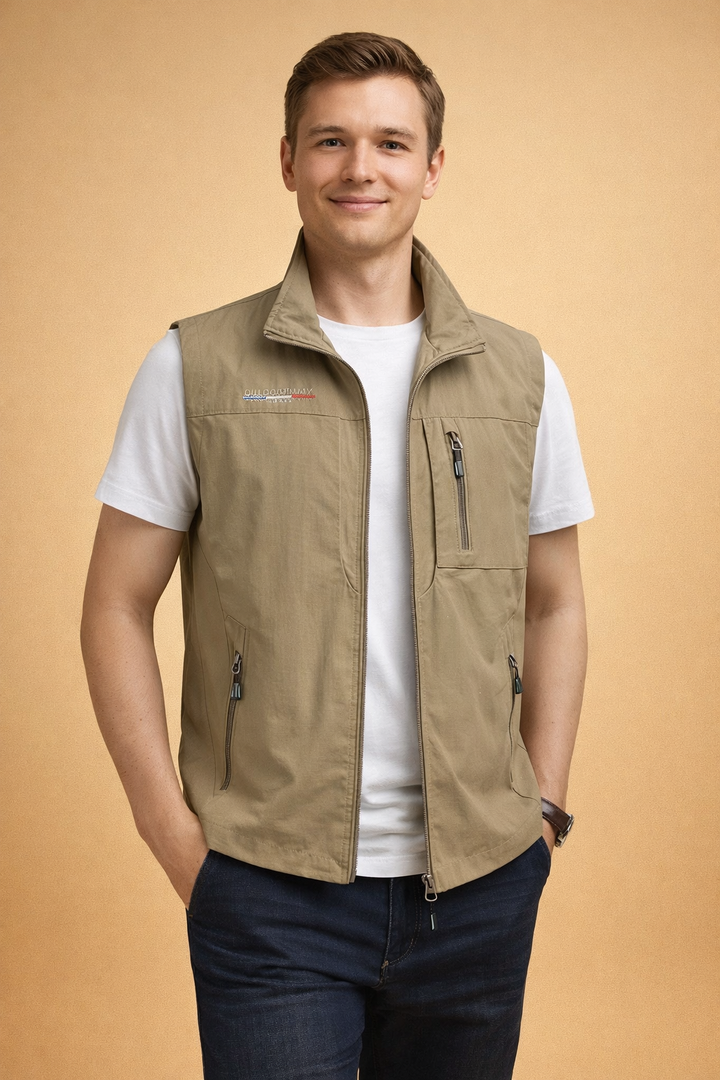 Breathable men's multi-pocket utility vest, perfect for hiking, travel, and casual outdoor wear.