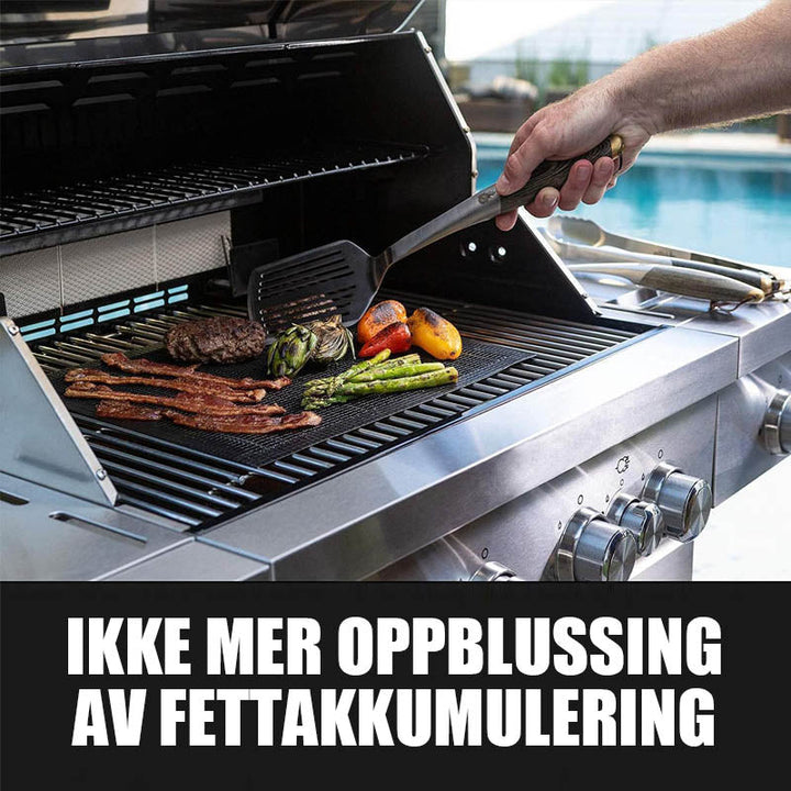 Non-stick grill mat, essential kitchen tool for outdoor cooking, high heat resistant & reusable.