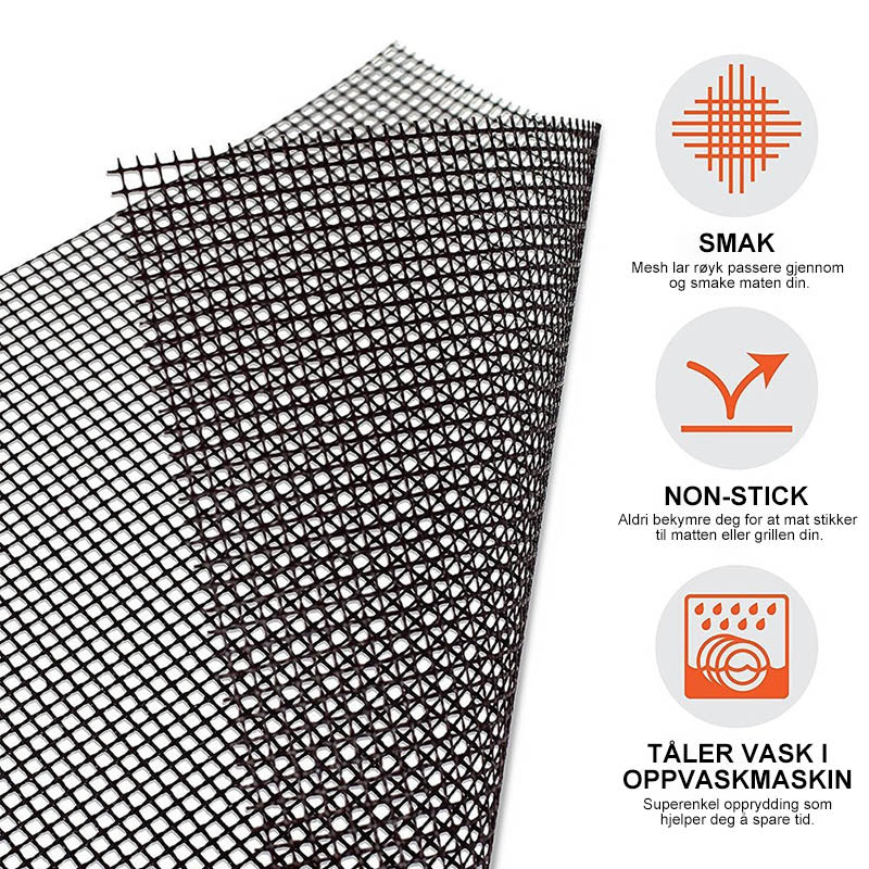 Cooking mat for grilling, non-stick surface, heat resistant, and super easy to clean after use.