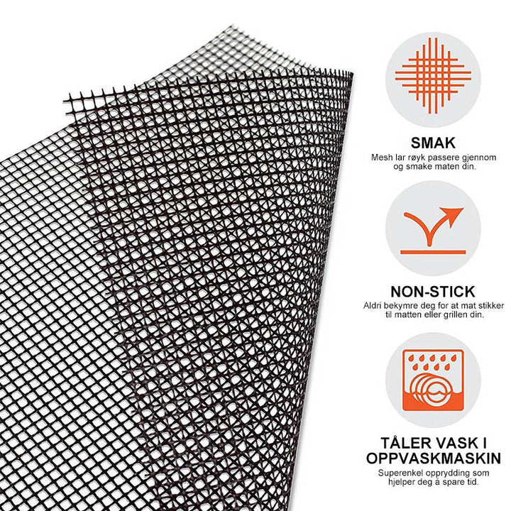 Cooking mat for grilling, non-stick surface, heat resistant, and super easy to clean after use.