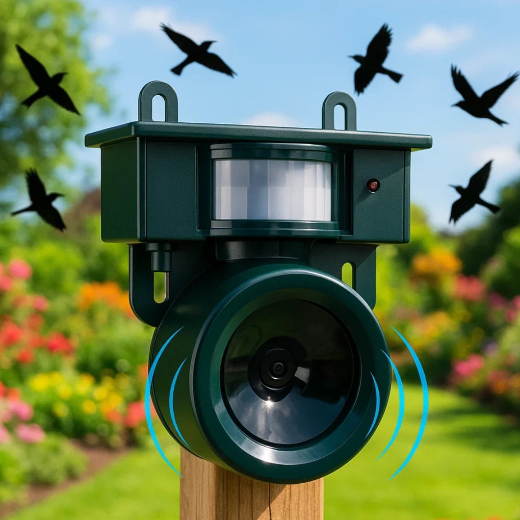 Premium solar-powered motion sensor bird repeller for effective garden and backyard pest control.