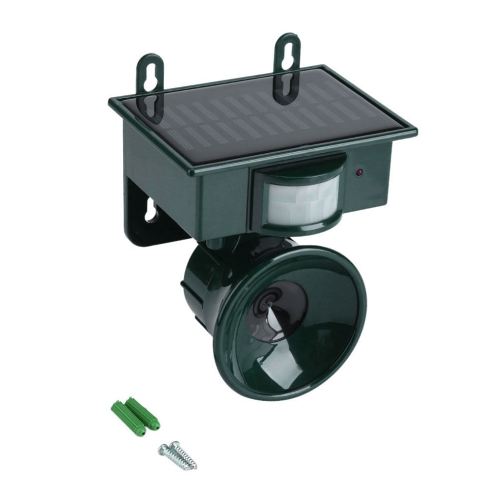 Smart solar-powered bird deterrent, motion-activated ultrasonic waves keep birds away from fruit trees.