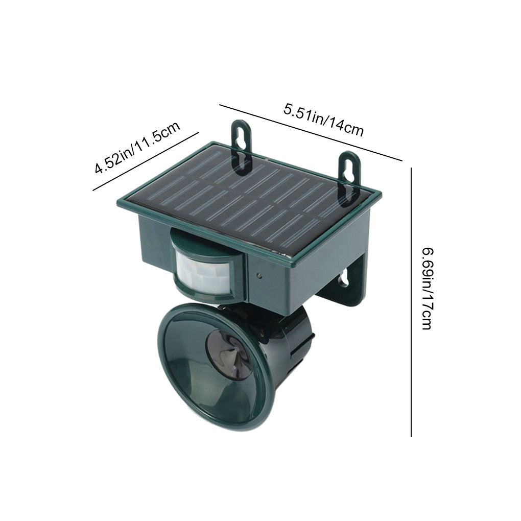 Efficient outdoor bird repeller: premium motion sensor & ultrasonic technology for humane pest control.