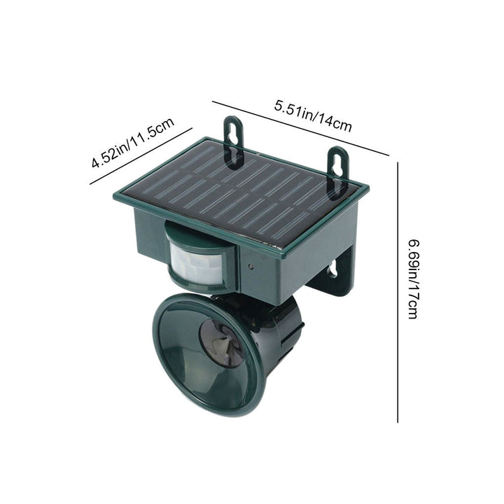 Efficient outdoor bird repeller: premium motion sensor & ultrasonic technology for humane pest control.