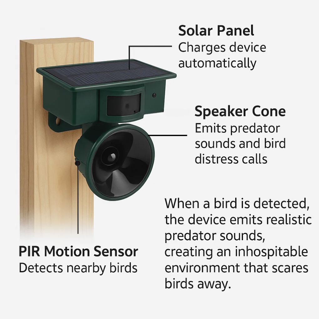 Eco-friendly ultrasonic bird scarer with motion detection, protecting patios & outdoor spaces from birds.