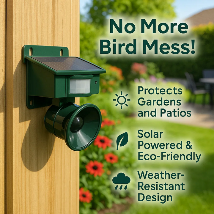 Advanced motion sensor bird repeller, solar-charged for continuous, humane avian control in gardens.