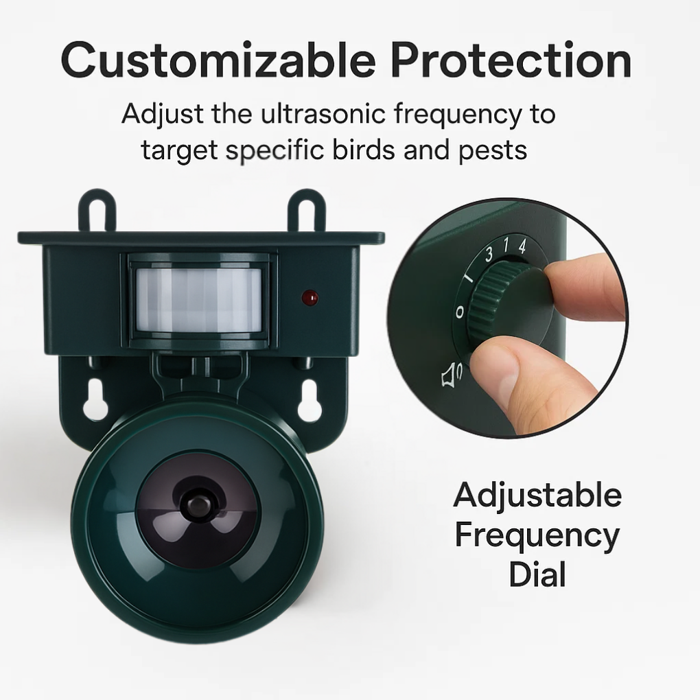 Solar powered bird repeller with infrared motion sensor, ideal for garden protection and pest control.