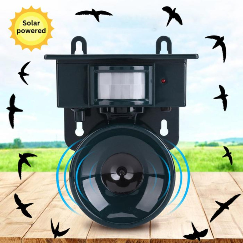 Wireless motion sensor bird deterrent, solar-recharged, keeps birds away without harming them.