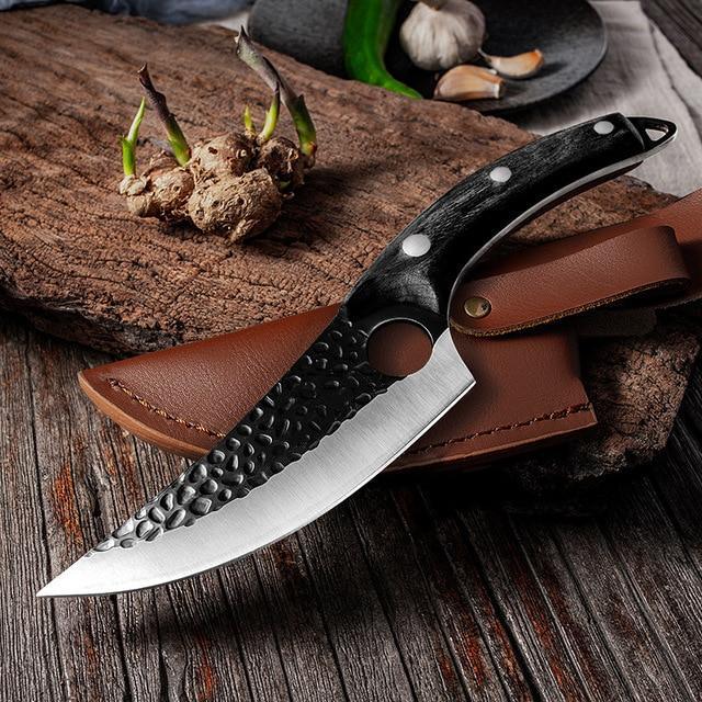 Durable stainless steel Japanese kitchen knife with ergonomic wood handle, ideal for precise cooking prep.