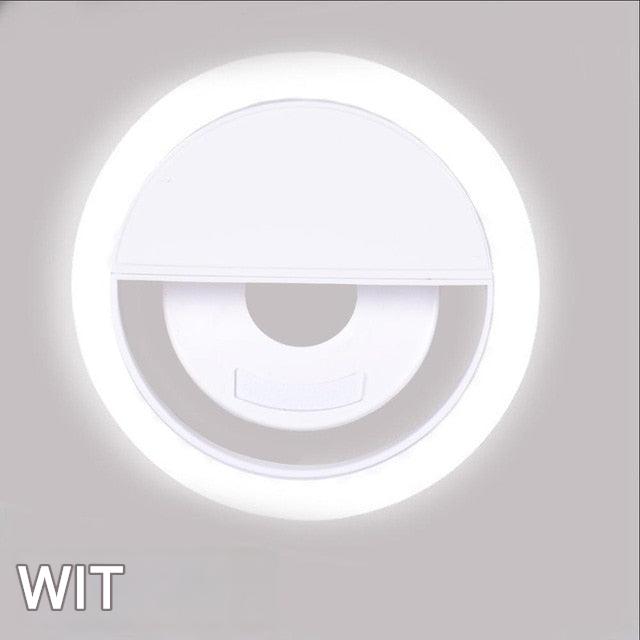 Rechargeable clip-on LED selfie ring light for phone photography, video, and content creation.