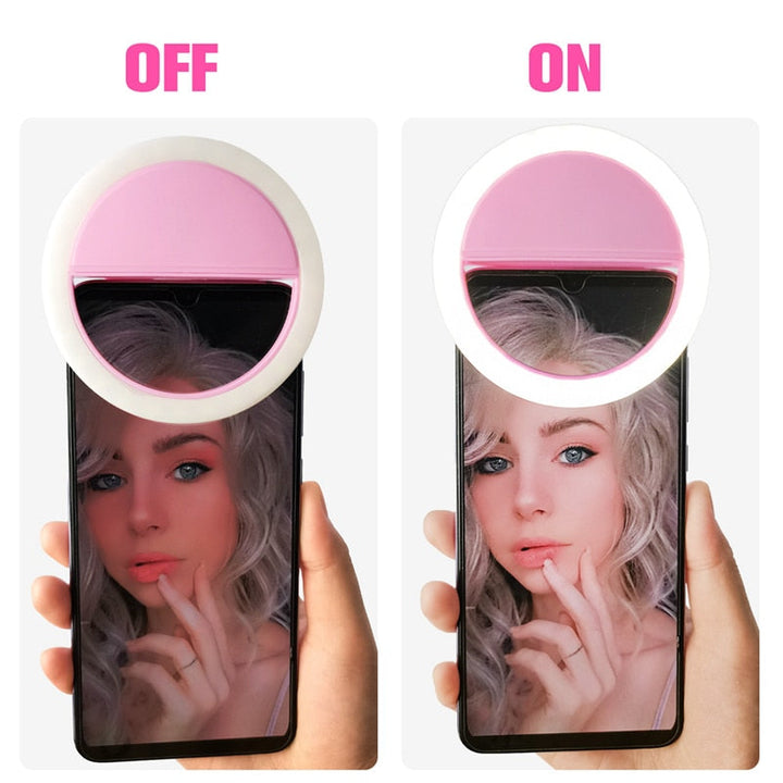 Universal clip-on LED selfie ring light for phones, ideal for live streaming & vlogging.