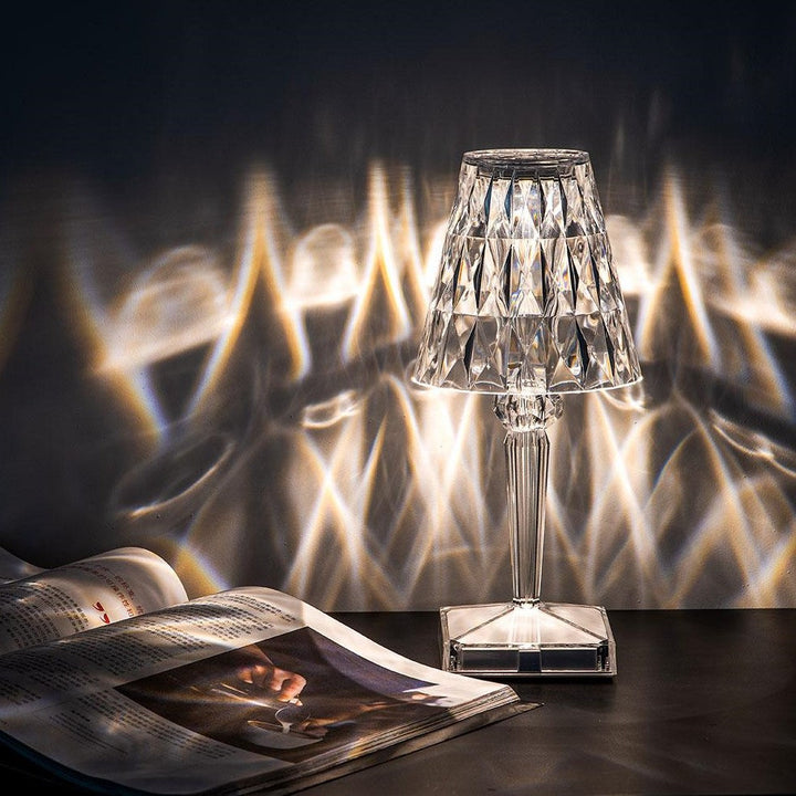 Elegant acrylic crystal lamp, touch control, dimmable & rechargeable, perfect accent lighting.