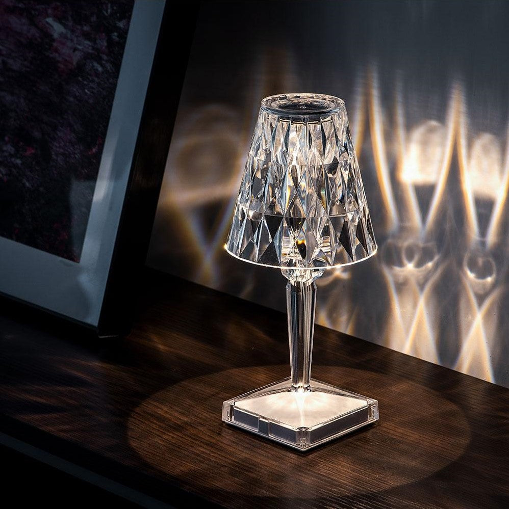 Sparkling crystal table lamp with touch dimming, rechargeable LED for modern home decor.