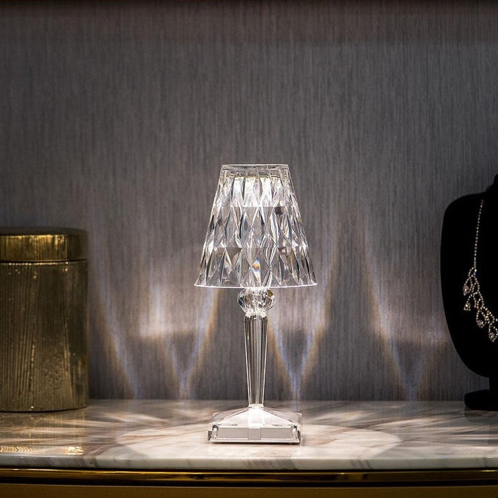 Acrylic crystal lamp with touch control, dimmable LED, rechargeable for modern interiors.