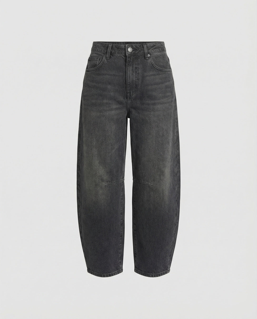 Mid-rise barrel fit women's jeans, relaxed denim with a curved leg for a modern casual look.