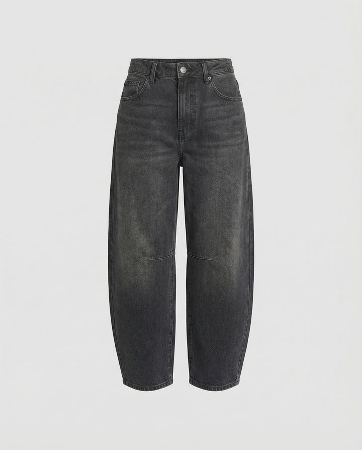 Mid-rise barrel fit women's jeans, relaxed denim with a curved leg for a modern casual look.