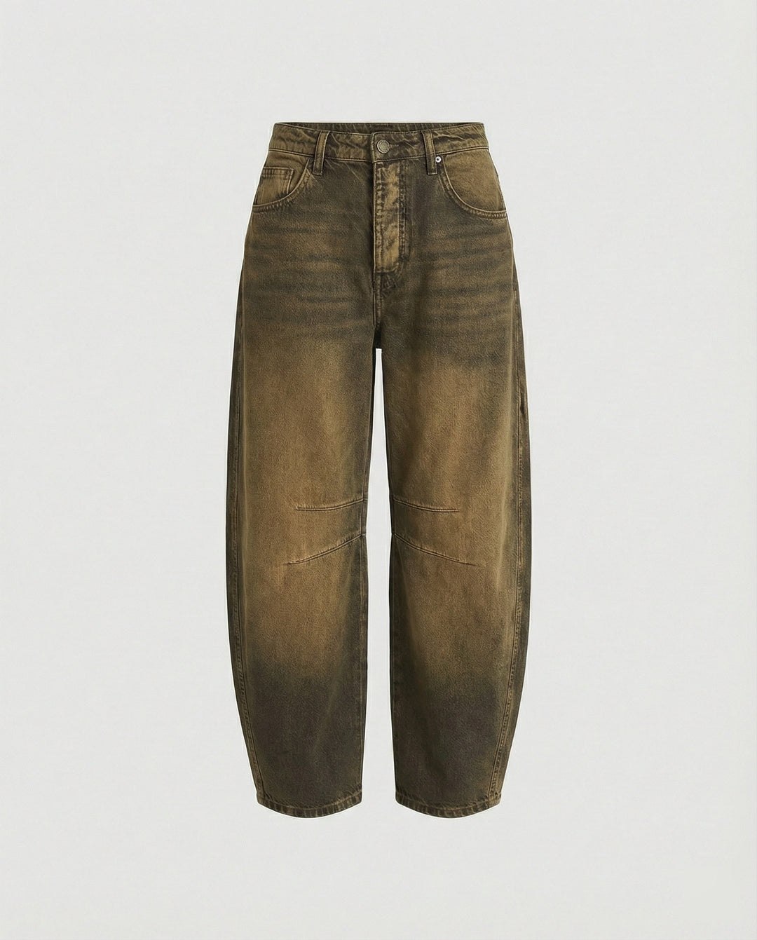 Stylish women's mid-rise barrel fit denim jeans, offering a relaxed and trendy curved leg silhouette.