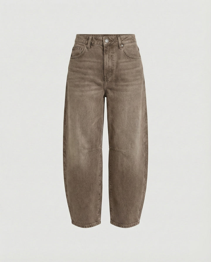 Comfortable women's mid-rise barrel jeans, relaxed fit denim for effortless everyday fashion.