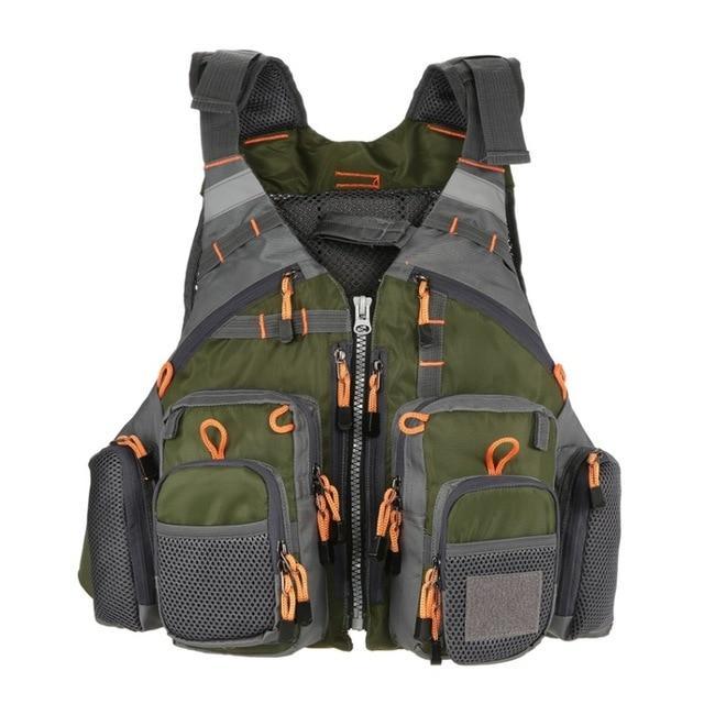 Adjustable multi-pocket fishing life vest with reflective strips, perfect for kayak, boating & water sports.