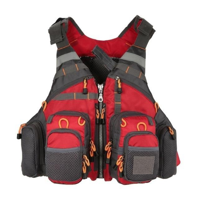 Reflective unisex fishing life vest, adjustable and multi-pocket for professional angler safety & water sports.
