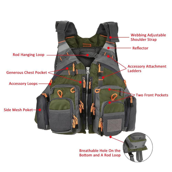 Kayak & boating safety vest. Adjustable, one-size fishing life vest with multiple pockets for angler convenience.