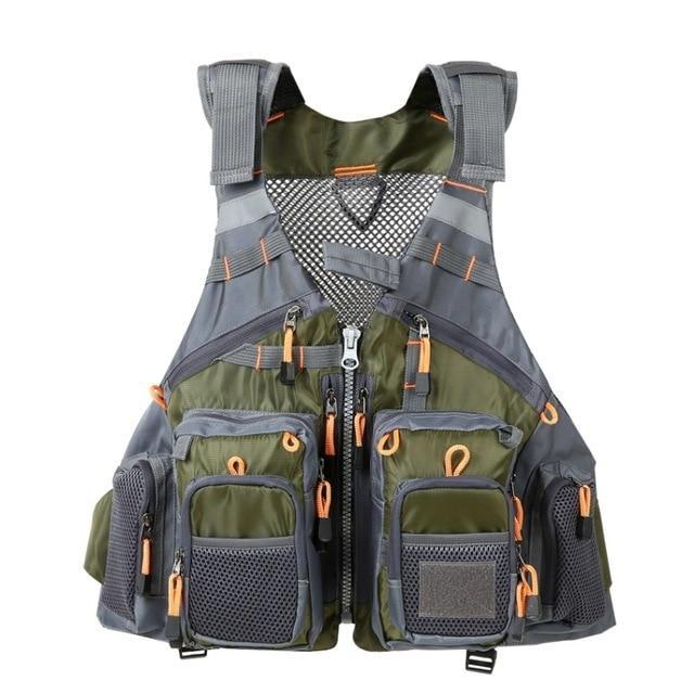 Robust professional fishing life vest. Reflective, adjustable buoyancy aid with multi-pockets for ultimate water safety.