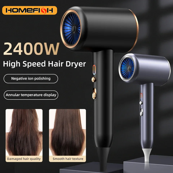 High-power 2400W professional hair dryer with ionic tech for smooth, shiny, frizz-free hair.