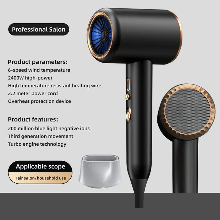 Unisex hair dryer, 2400W, with negative ions for stunning, frizz-free hair styling.