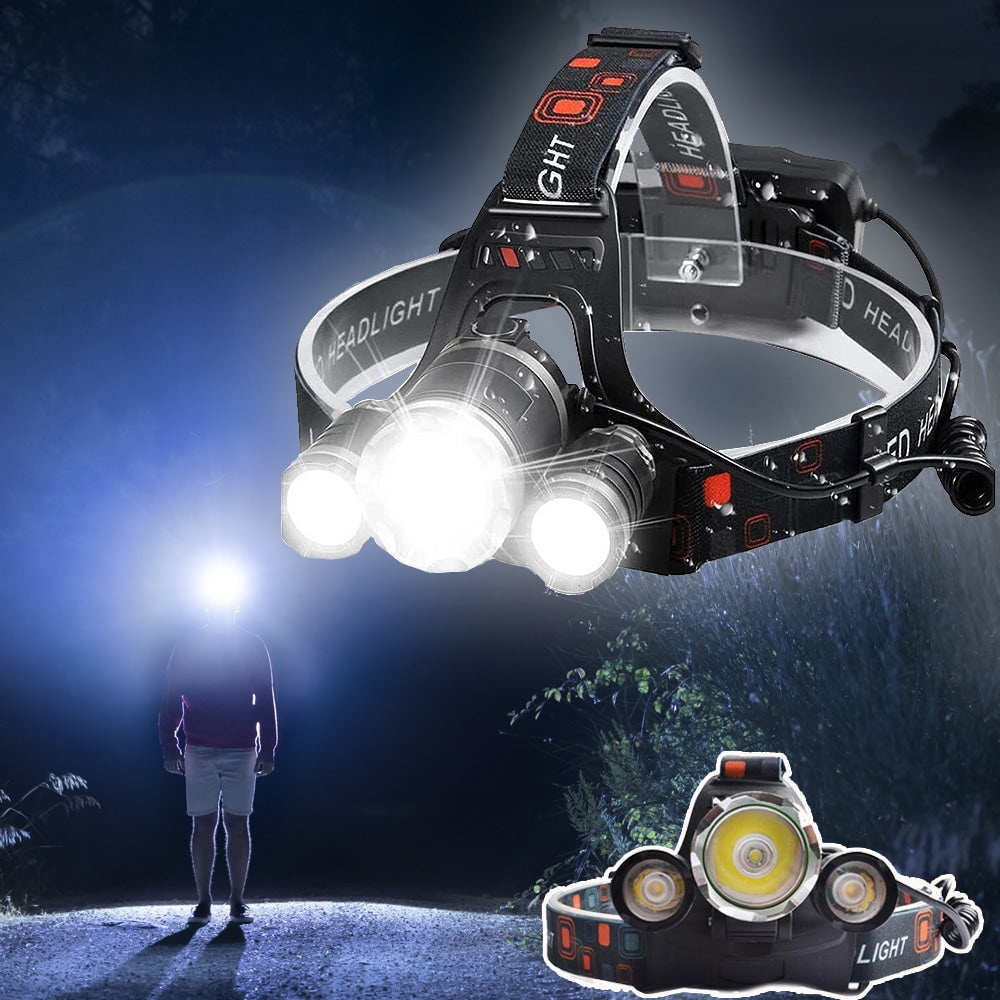 Unisex 5000 Lumen rechargeable LED headlamp for outdoor adventures, bright light for hands-free activities.