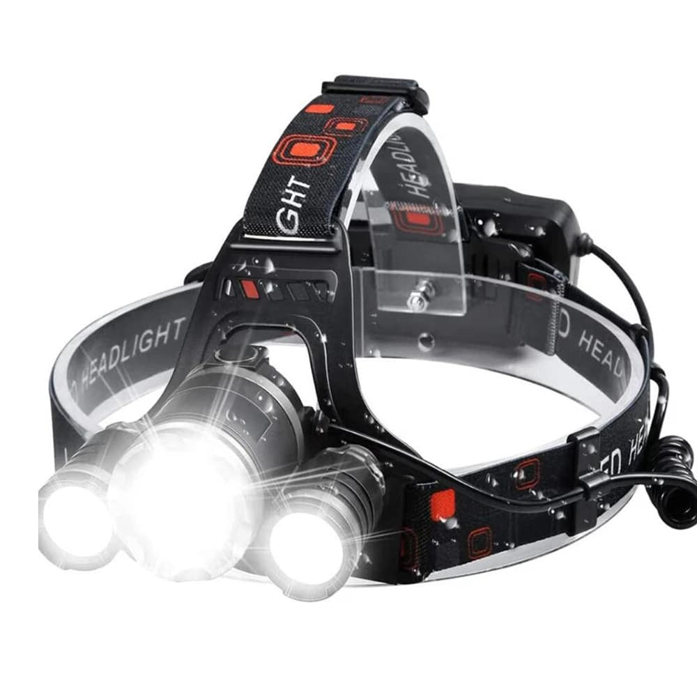 Rechargeable 5000 Lumen LED headlamp for camping & hiking, providing bright, hands-free illumination for trails.