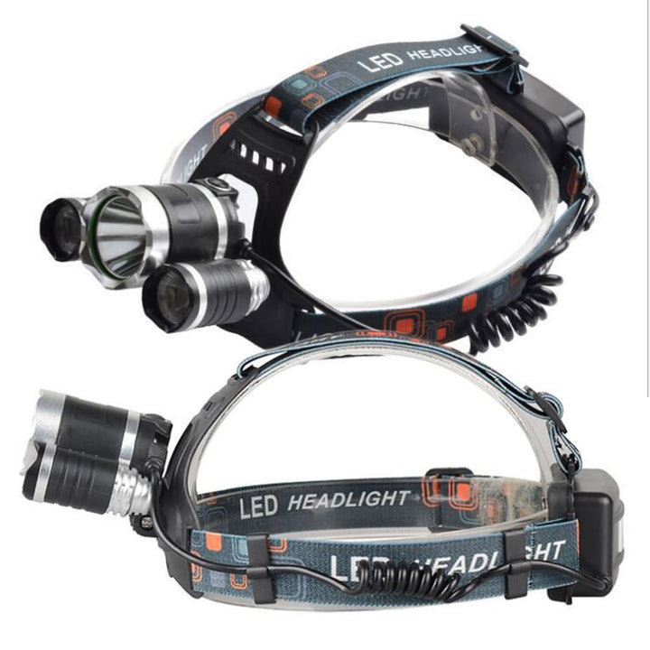 Bright 5000 Lumen LED headlamp, unisex & rechargeable, ideal for fishing, running, and hands-free outdoor survival.