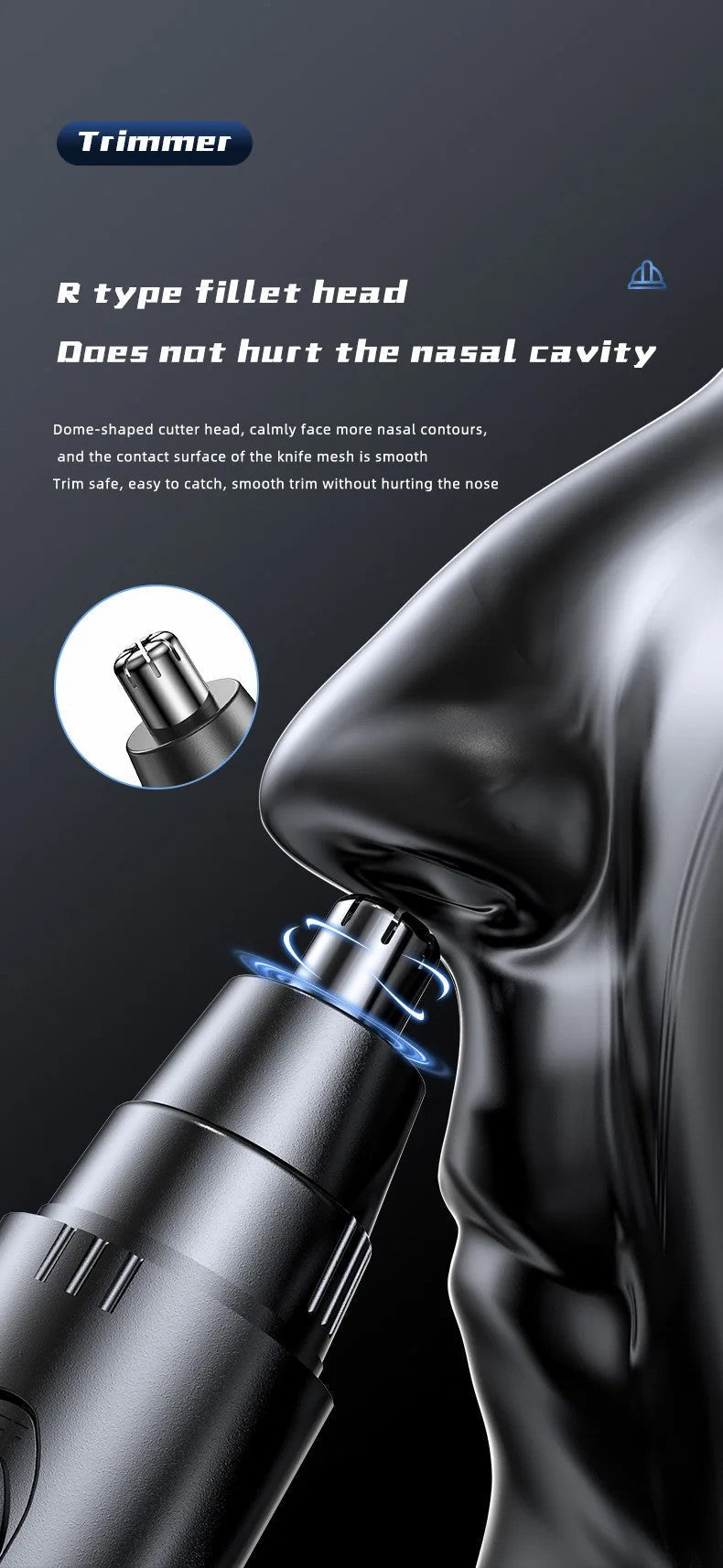 Compact rechargeable nose & ear hair trimmer. Painless personal care beauty tool for travel hygiene.