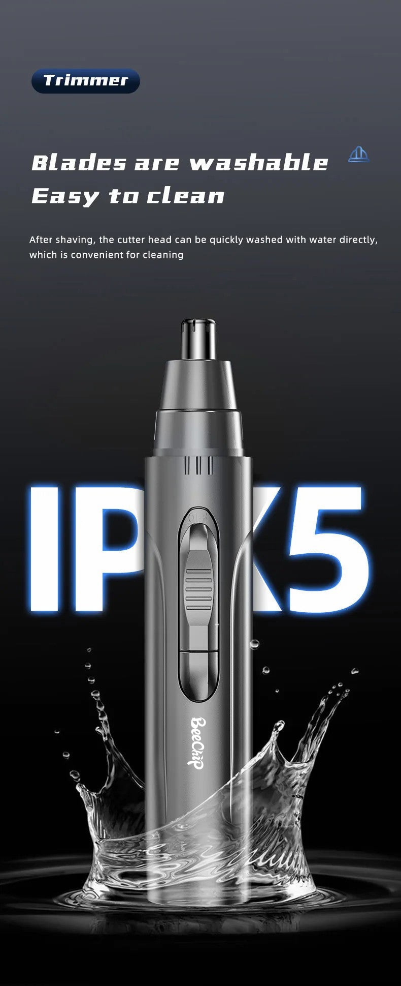 Travel-friendly rechargeable nose & ear hair trimmer. Painless electric device for personal beauty care.