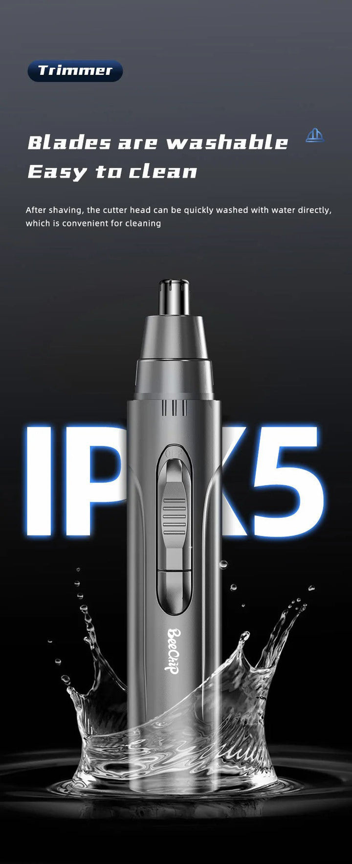 Travel-friendly rechargeable nose & ear hair trimmer. Painless electric device for personal beauty care.