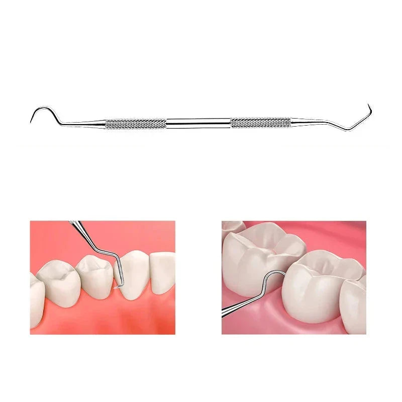 Dual-ended dental explorer and plaque remover tool for effective home teeth cleaning.