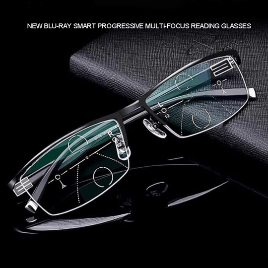 Stylish unisex progressive reading glasses, anti-glare multi-focus lenses for optimal vision care.