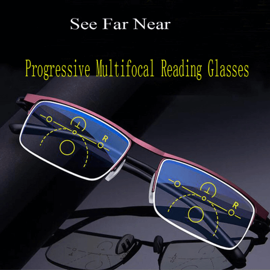 Modern progressive multi-focus reading glasses, unisex design with blue light & anti-glare protection.