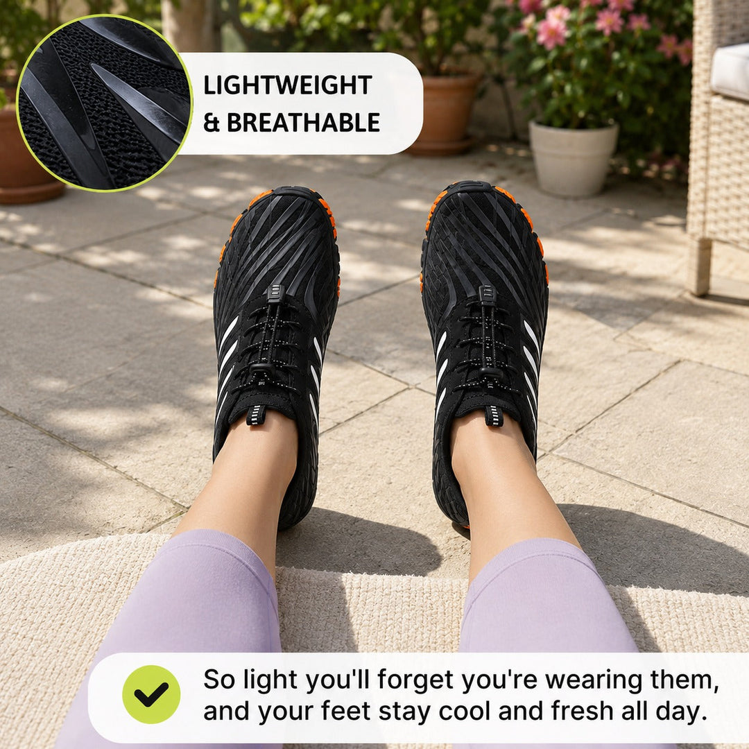 Zero drop women's comfort shoes, wide toe, and quick lace for easy on/off.