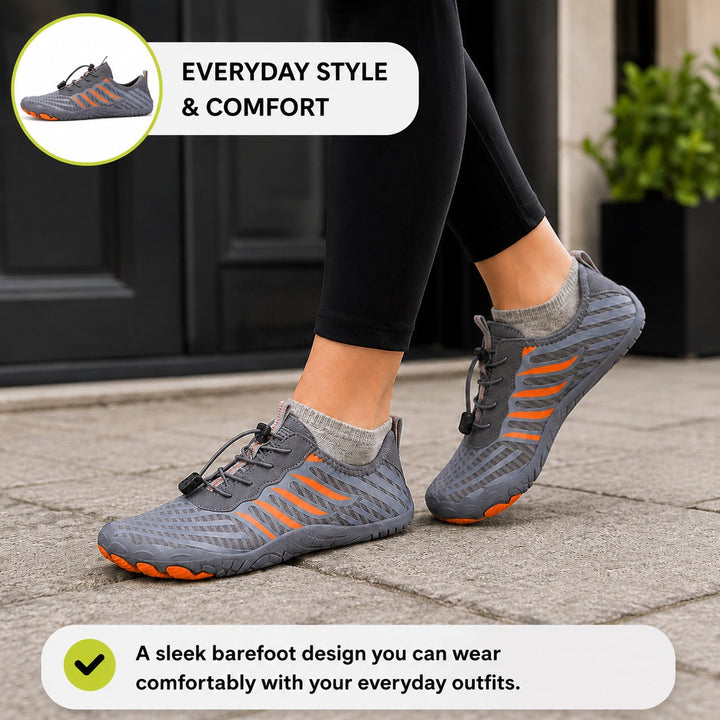 Comfortable women's barefoot shoes featuring a wide toe box and quick lace system.