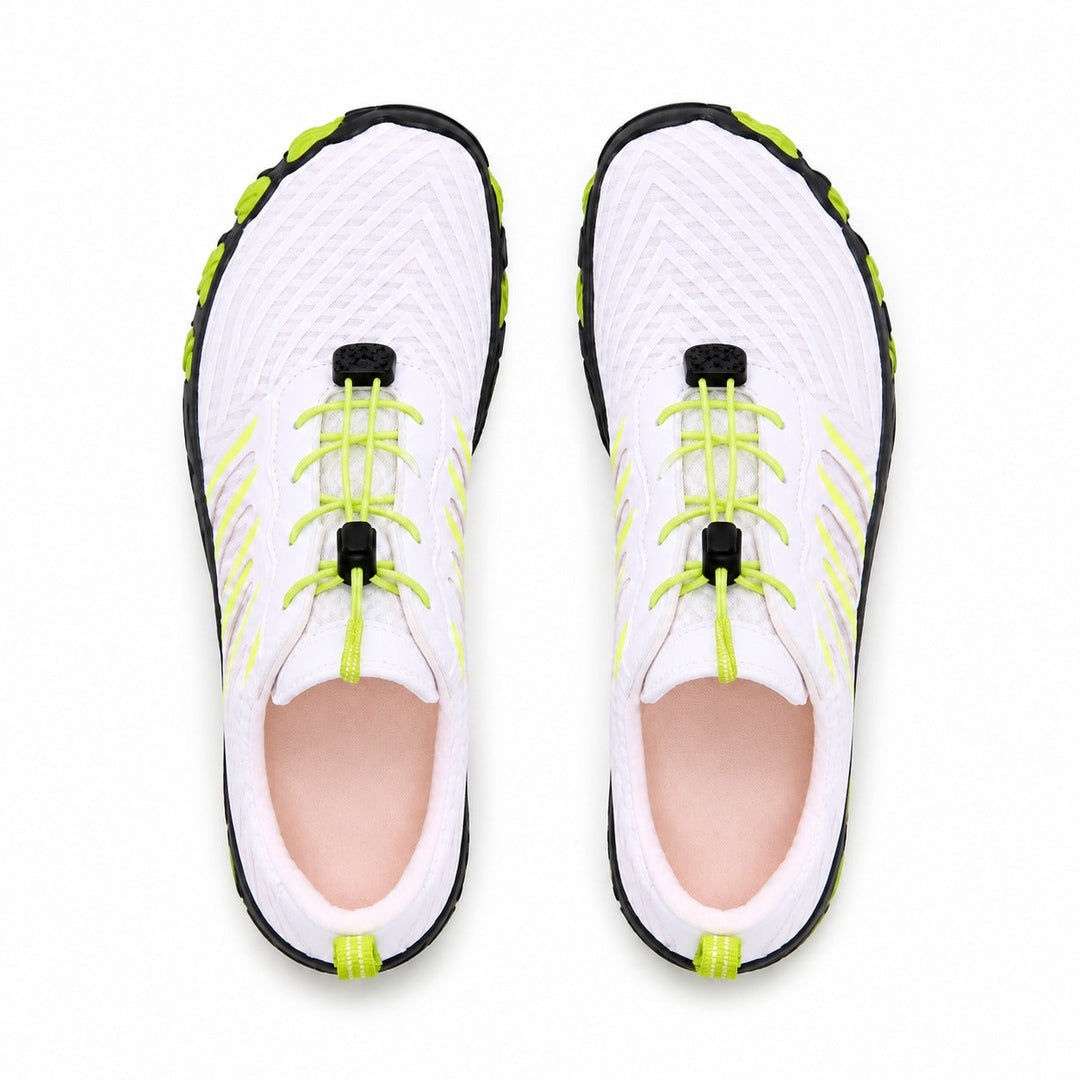 Premium barefoot athletic shoes for women, wide toe, quick lace, and zero drop design.
